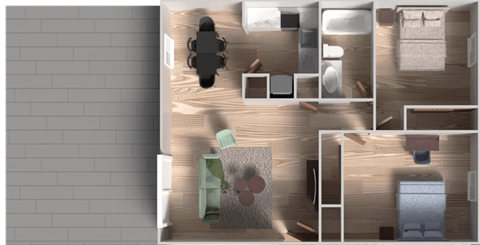 A top-down view of a room with a couch, chair, and a coffee table.